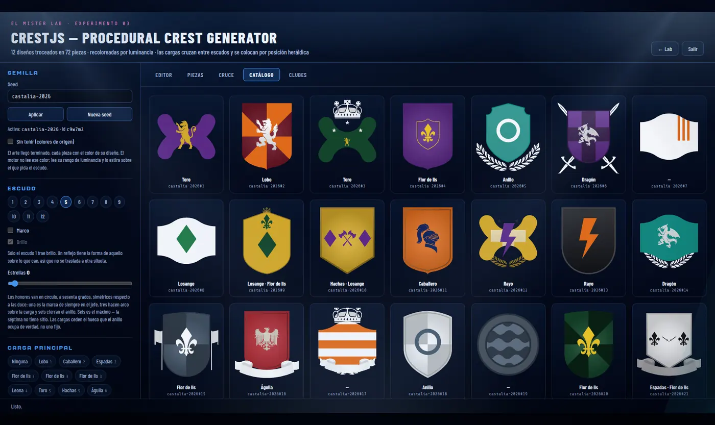CrestForge · procedural crest generator, showing a catalogue of generated badges